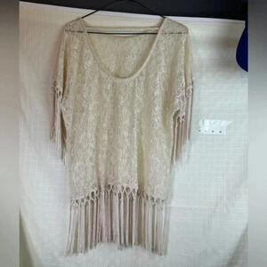 Haute Society White Beige Top Shirt Cover Up Lace Fringe Wrap Boho  Large